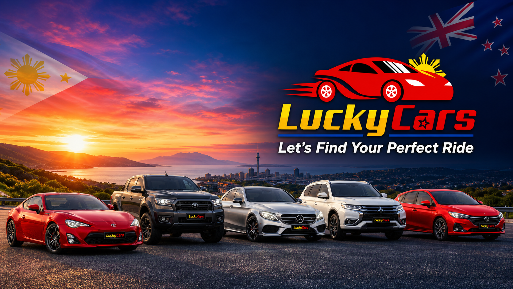 Lucky Cars dealership banner with a lineup of cars